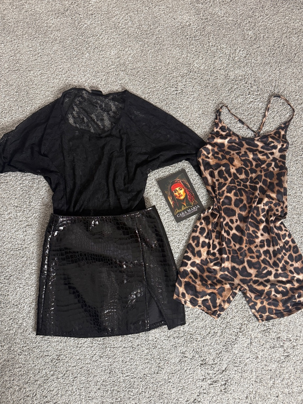 3pc outfit: leopard romper/ lace top/ black leather like mini skirt - Picture 16 of 16